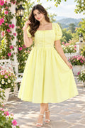 Butter Yellow Cotton Puff Sleeve Square Neck Lace-Up Back Flared Dress