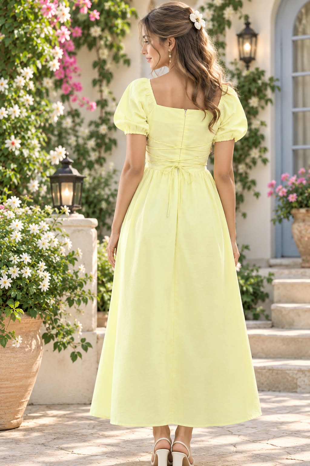 Butter Yellow Cotton Puff Sleeve Square Neck Lace-Up Back Flared Dress