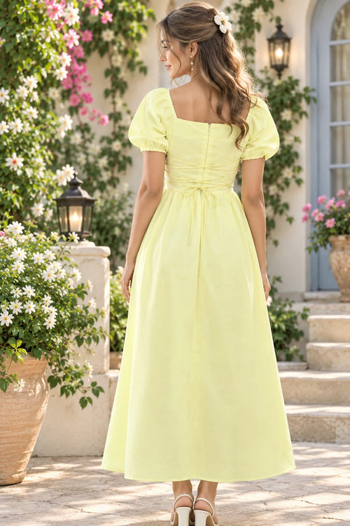 Butter Yellow Cotton Puff Sleeve Square Neck Lace-Up Back Flared Dress
