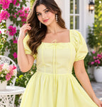 Butter Yellow Cotton Puff Sleeve Square Neck Lace-Up Back Flared Dress